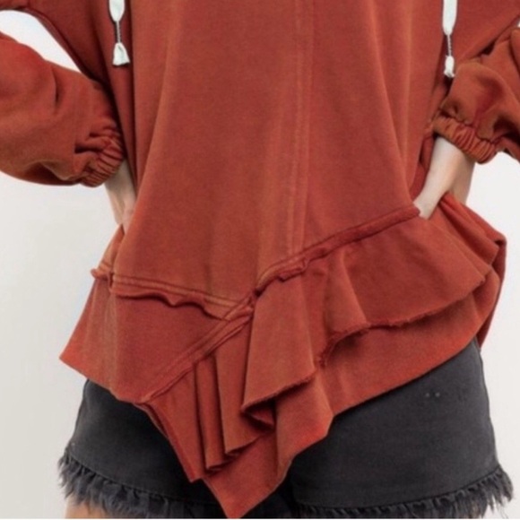 POL Burnt Orange oversized asymmetrical ruffled hem hoodie size: S - Picture 15 of 15